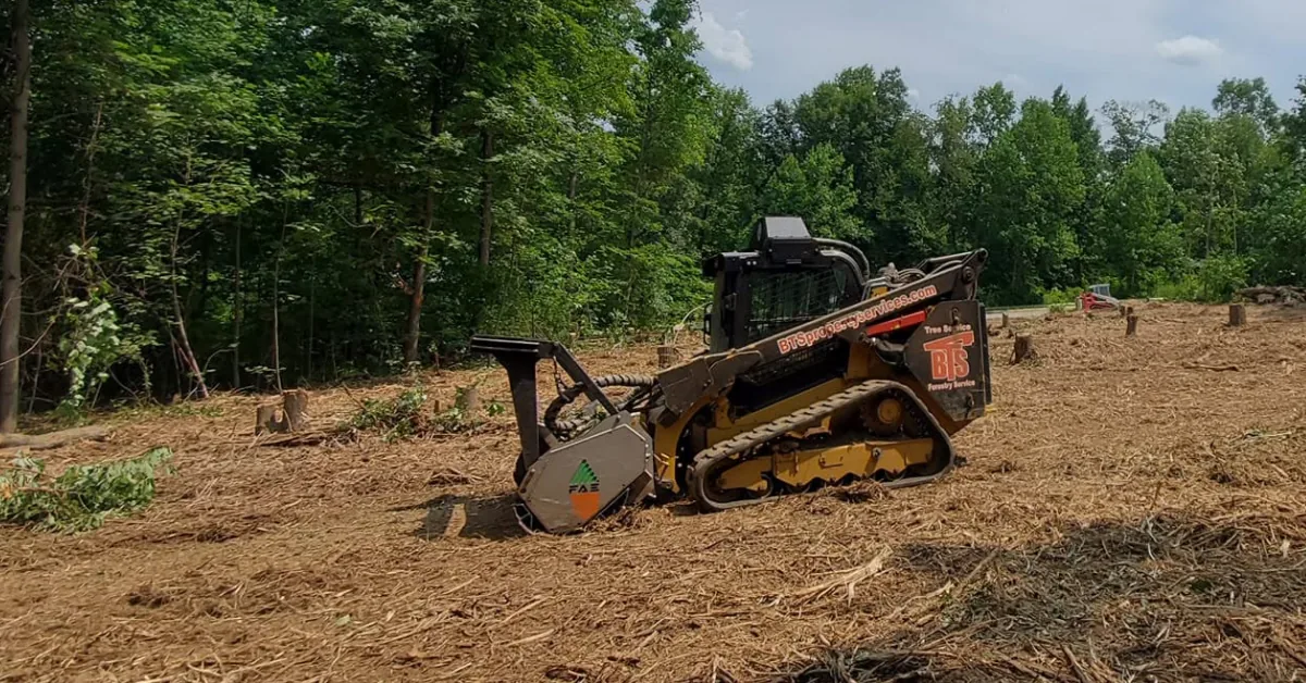 A tracked skid steer with a forestry mulching attachment clears brush and stumps on a partially cleared wooded lot.