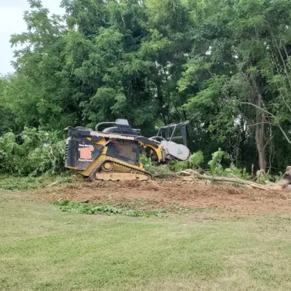 Tracked forestry mulcher grinding through cut brush and small trees during a land-clearing job.