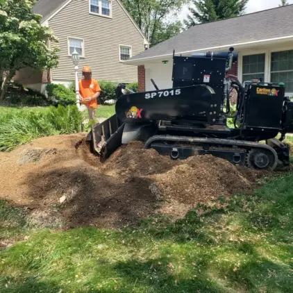 Worker in a safety vest operating a tracked stump grinder to remove a tree stump in a front yard.